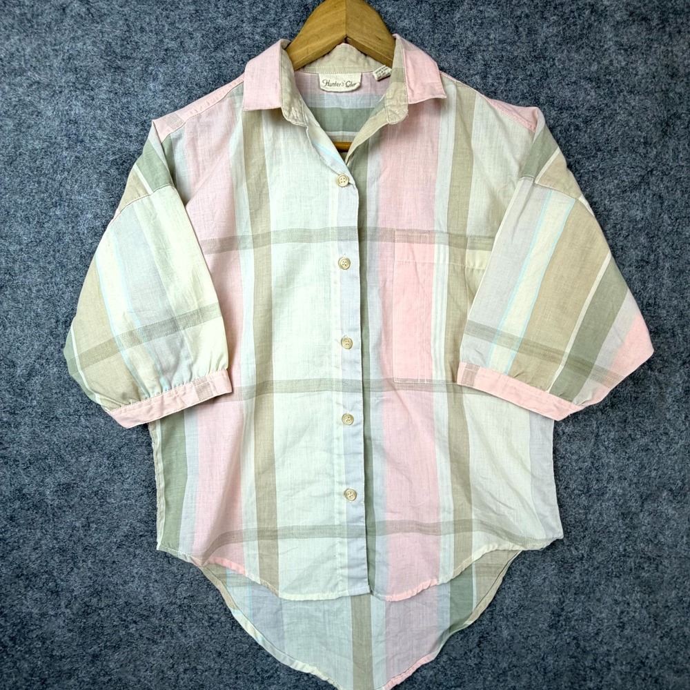 Vintage 90s Hunter's Glen Shirt Womens S/M Pastel Plaid 80s Light Academic